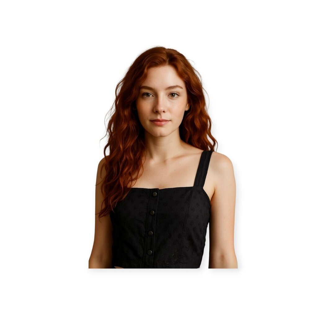 Lisa Says Gah Black Eyelet Button Front Crop Top Organic Cotton XS Square Necked